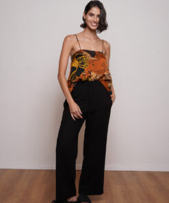 מכנס דמוי פשתן רחב שחור