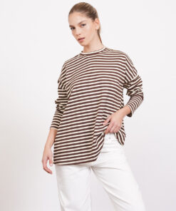 NO.35 סווטשירט פסים אובר סייז חום שמנת