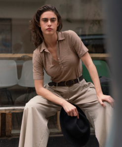 YEHUDIT חולצת פולו טקסטורת עלים חום אספרסו