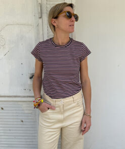 NO.14 טי שירט צמודה שרוול קצר פסים ורוד נייבי