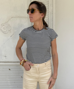 NO.14 טי שירט צמודה שרוול קצר פסים שחור לבן