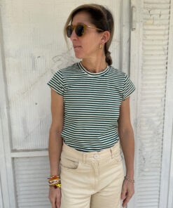 NO.14 טי שירט צמודה שרוול קצר פסים ירוק לבן